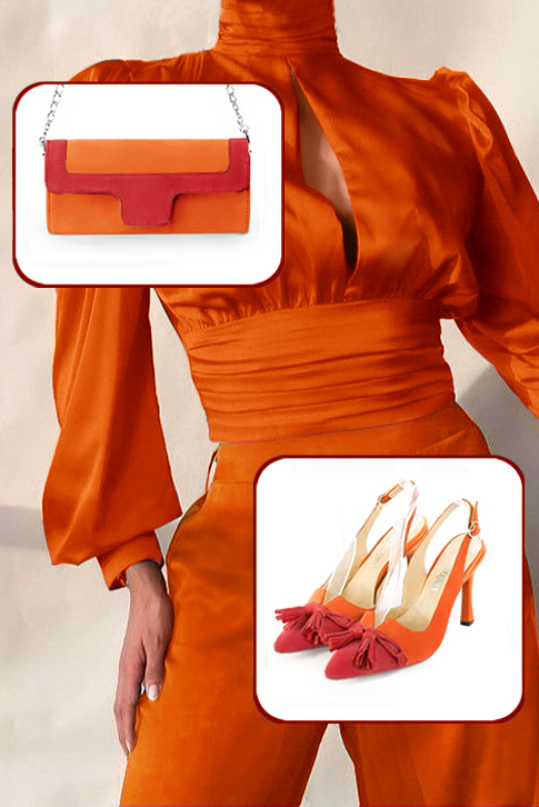 Matching scarlet red and clementine orange elegant slingback heels, with a bow on the front and luxurious clutch for ceremonies - Set view